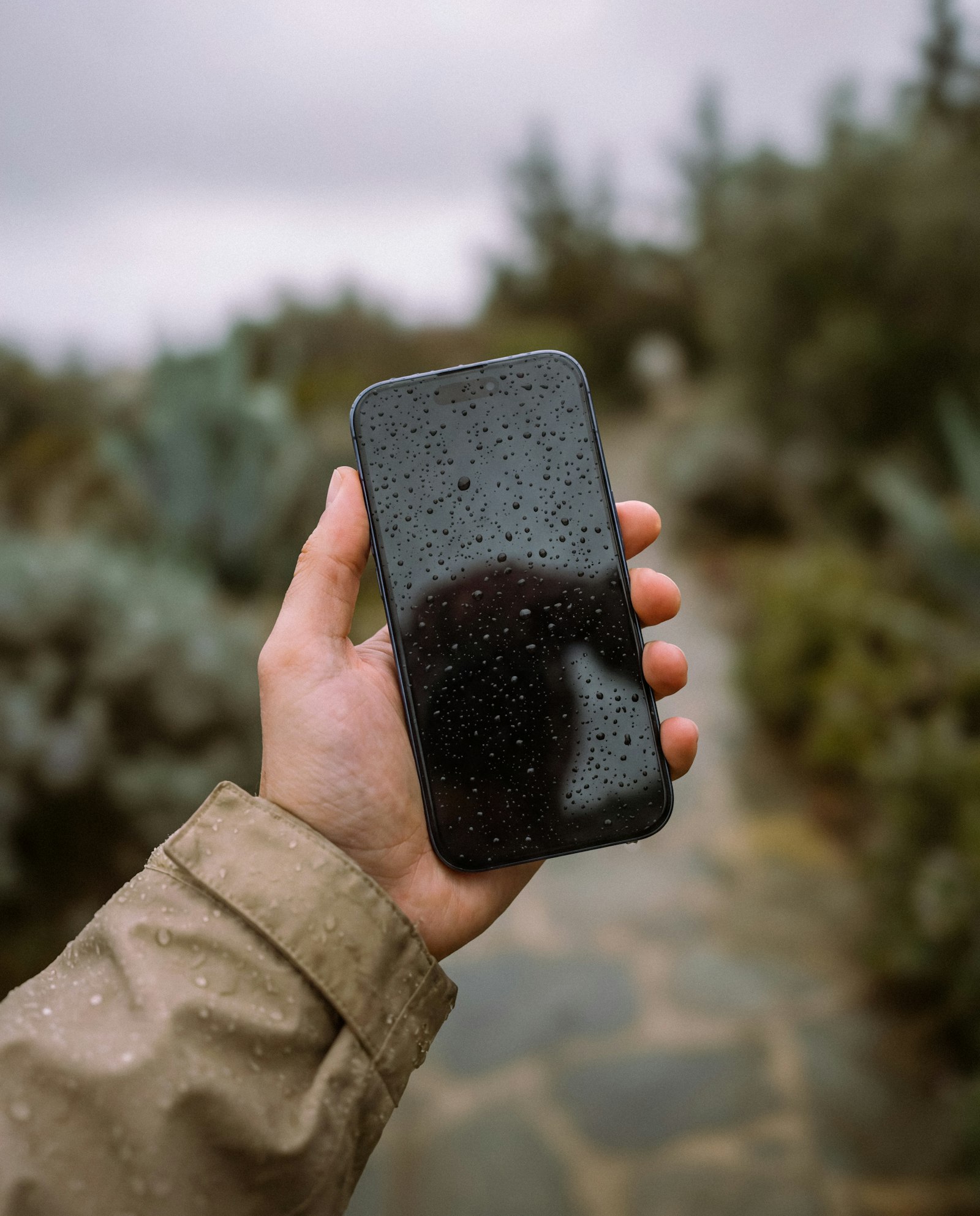 Hand holding a wet smartphone outdoors after rain, illustrating water-related speaker muffling